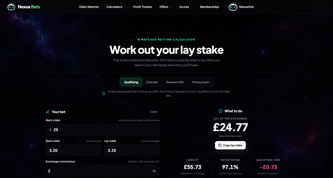 The matched betting calculator on a computer
