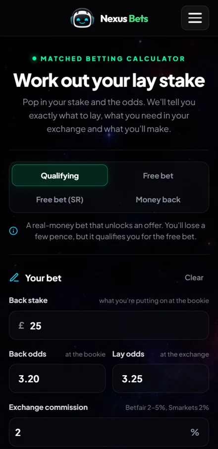 The matched betting calculator on a phone